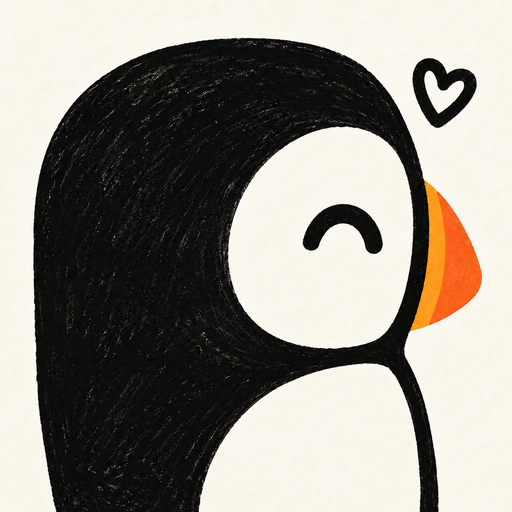 A smiling, hand-drawn puffin with an orange beak and a little heart